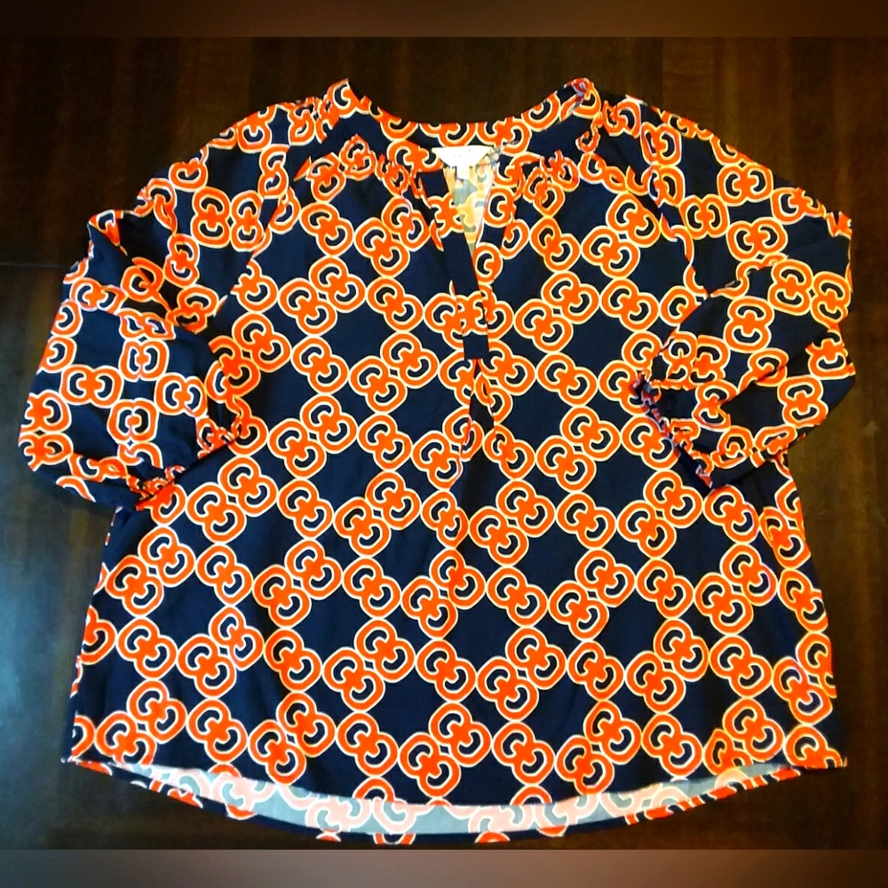 Crown & Ivy Blouse Sz PXL Orange Blue Quarter Sleeves